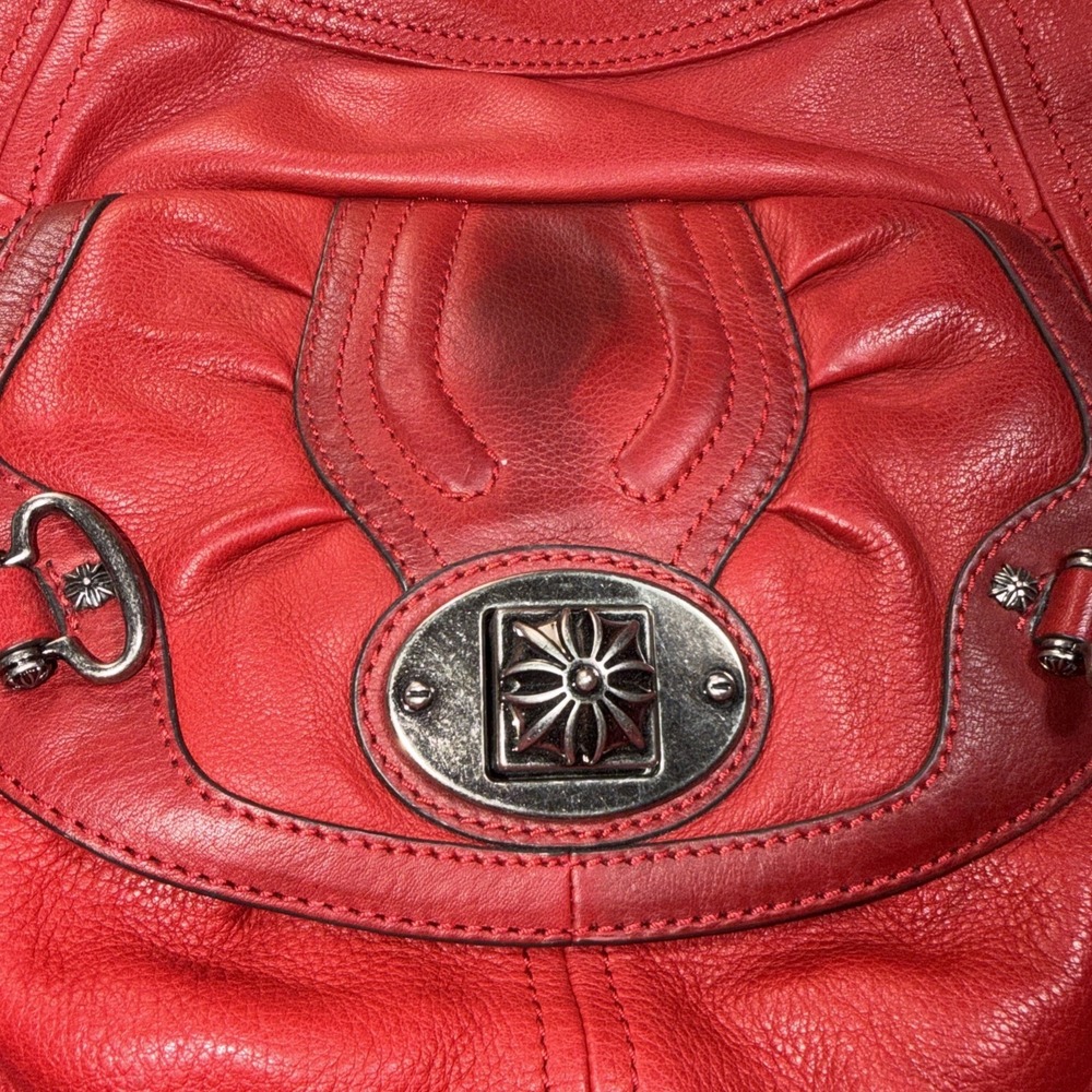 B. Makowsky Red Shoulder Bag Gun Metal Silver Hardware Pockets Double Handles - Picture 3 of 10